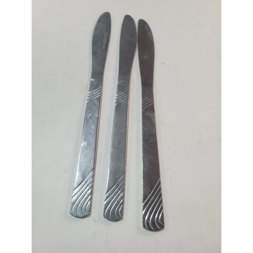 3‎ Piece Stainless Steel Dinner Knives Etched Wave Swirl Pattern Flatware Silver